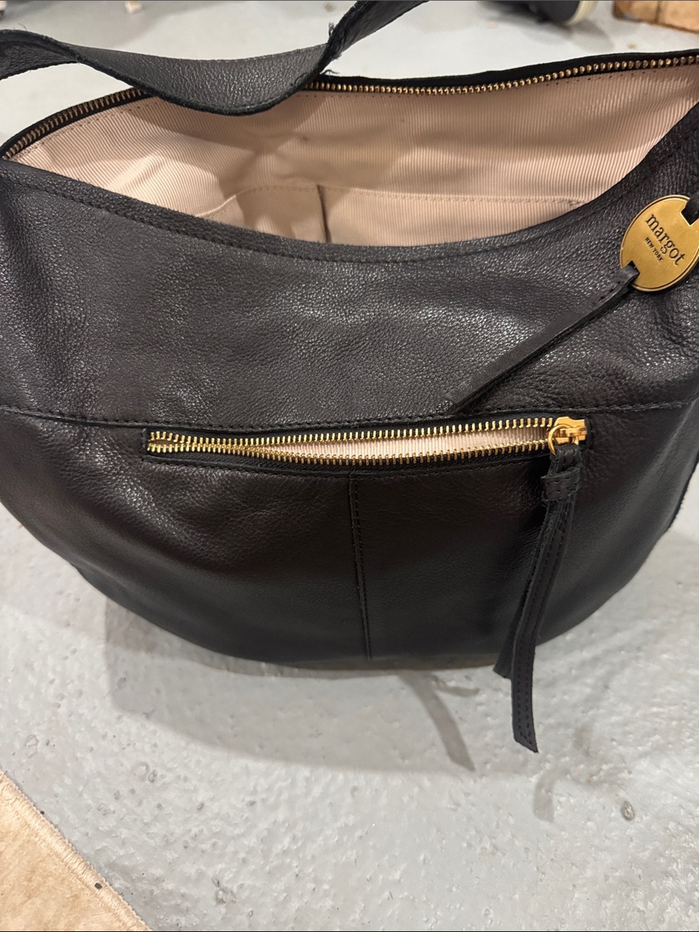 margot Black Leather Shoulder Hobo with Gold Zipper Accents